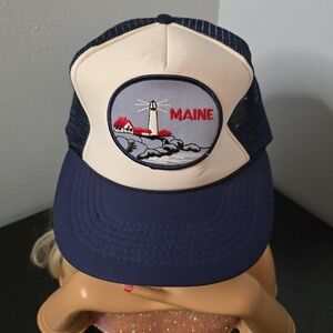 Vintage Maine Lighthouse Harbor Snapback Trucker Hat White Blue Retro 80s 90s